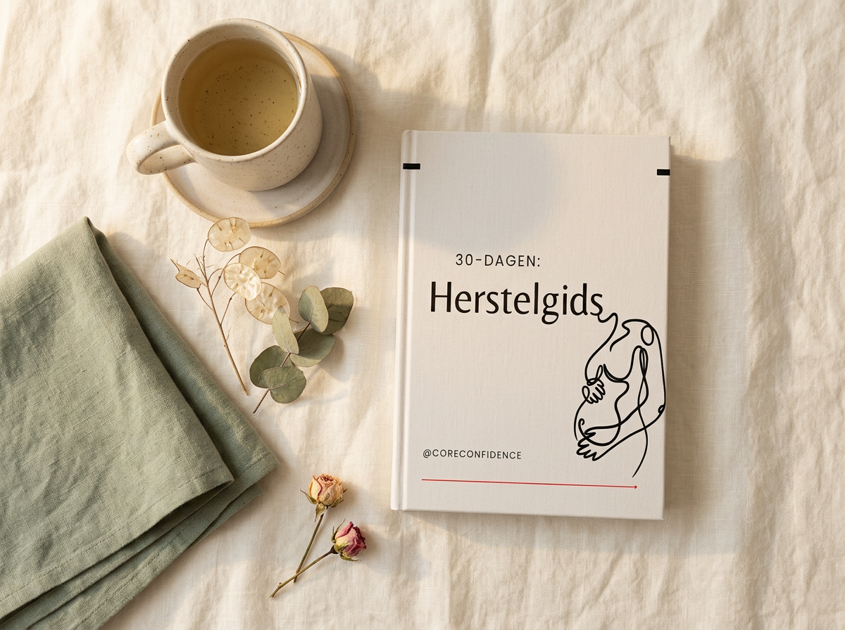 Sfeerfoto van de Herstelgids naast een kopje thee, zachte stof en gedroogde bloem